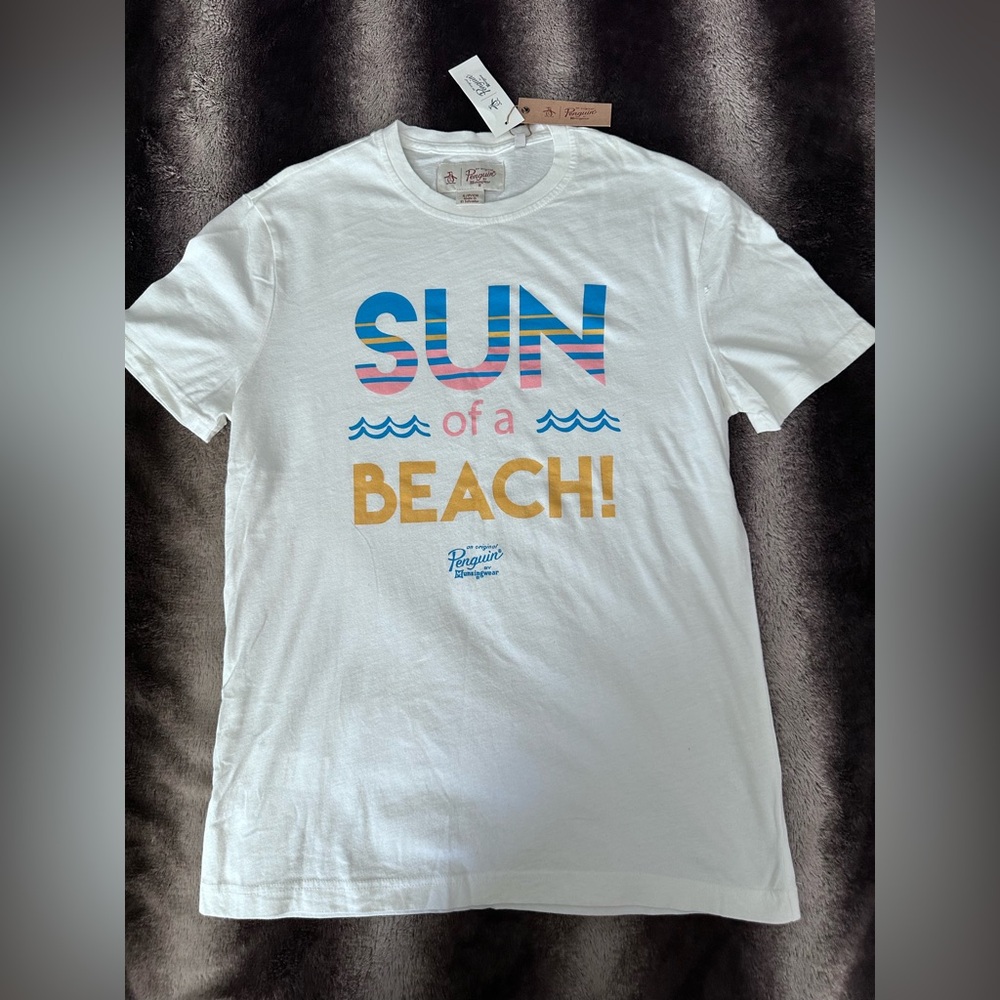 Original Penguin White Tee with Colorful Beach Graphic